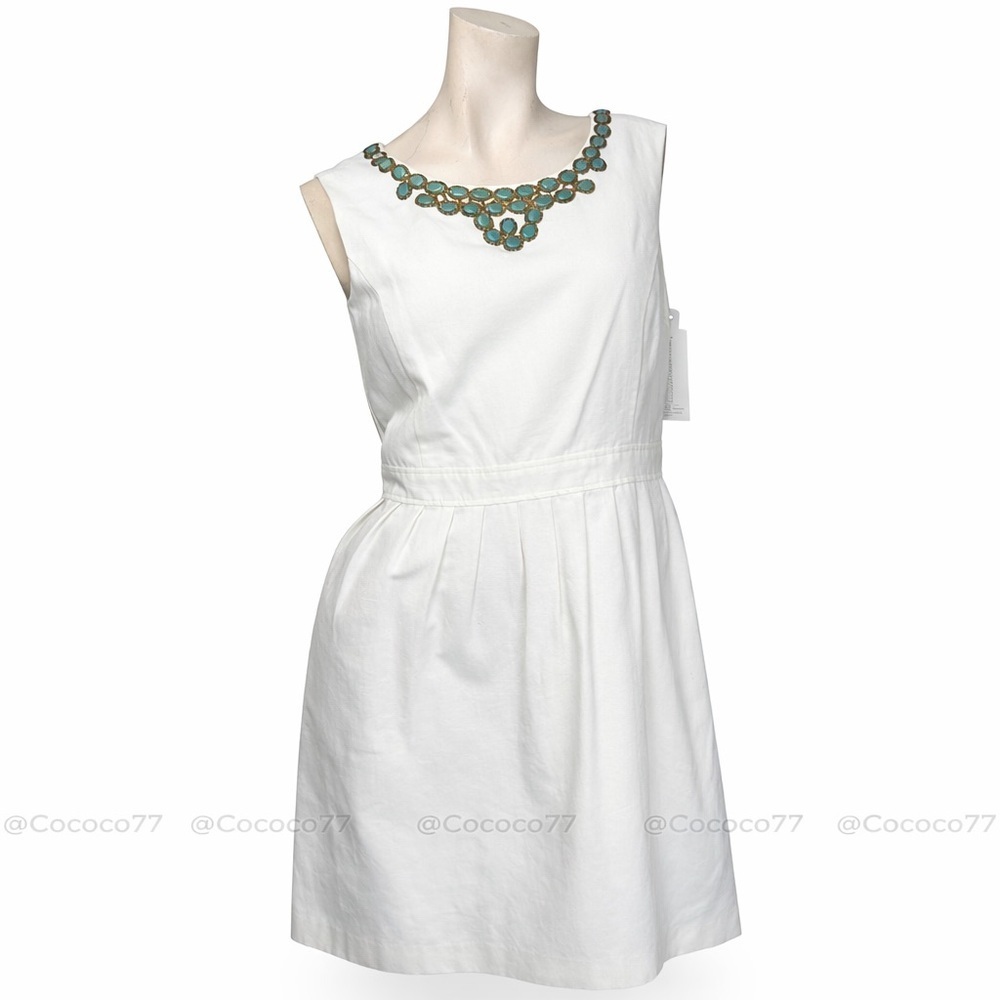 Ellen Tracy White Sleeveless Dress Jeweled Turquoise Neck Fit & Flare size 8 NWT